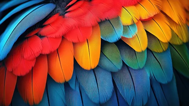Macro close-up of layered bird feathers in bright red, orange, yellow, blue, and green with detailed texture.