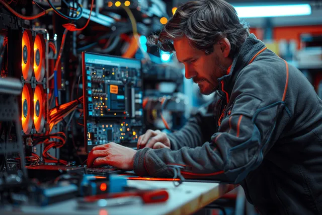 Technician adjusting an open computer circuit board on a glowing workshop bench with tools nearby.