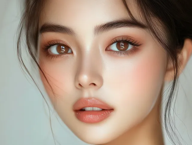 Close-up portrait of a young woman with brown eyes and natural makeup, calm expression against a pale background.