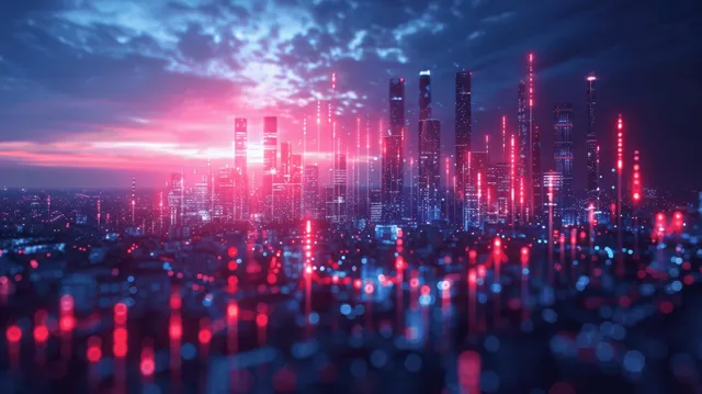 Dark city skyline at dusk with a neon glowing line graph overlay and red financial data points.