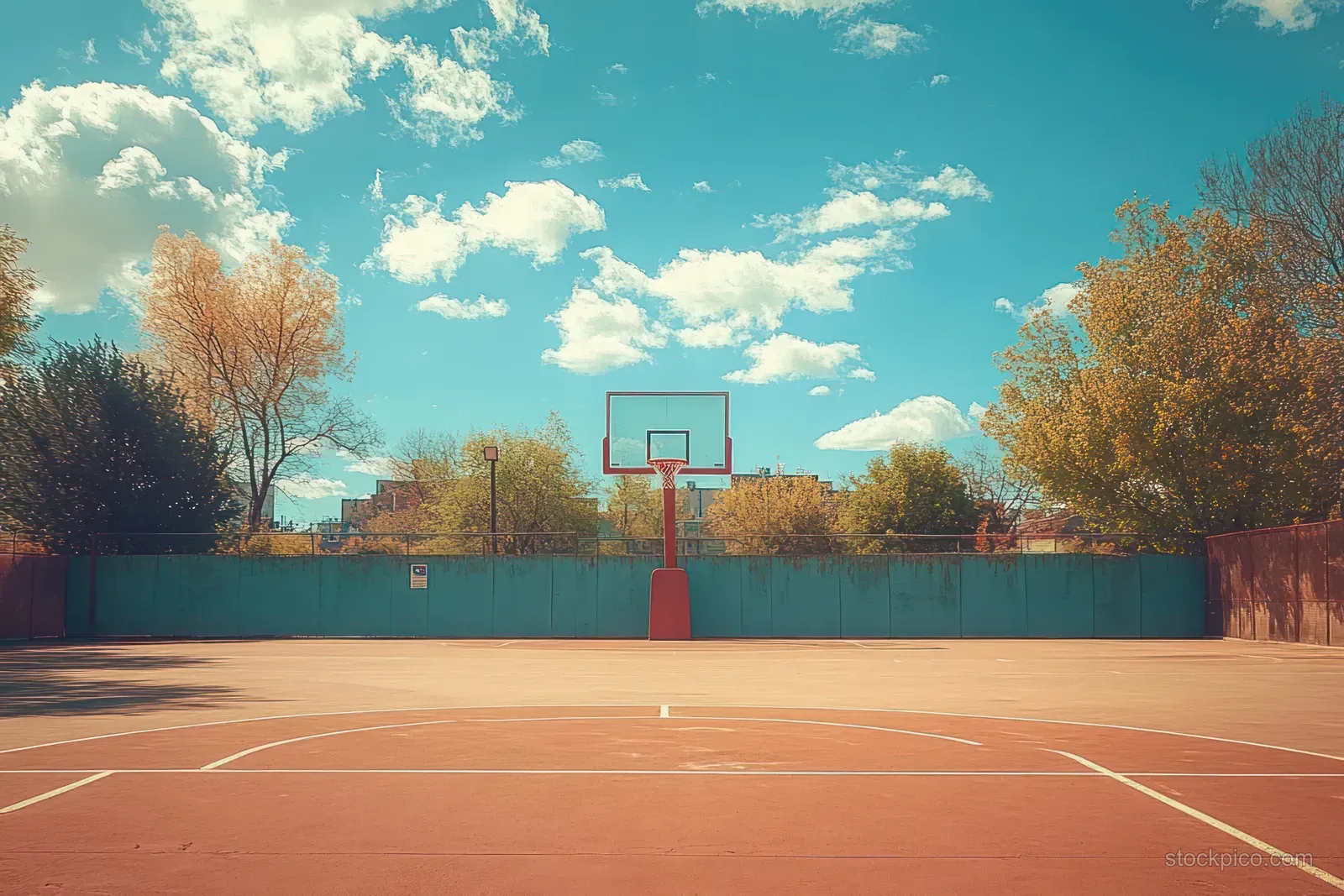 Empty outdoor basketball court with a backboard and hoop, warm sunlight, and blue sky in the background.