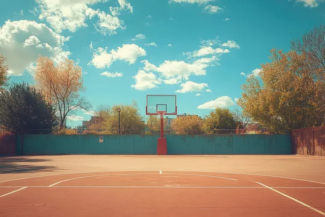 Empty outdoor basketball court with a backboard and hoop, warm sunlight, and blue sky in the background.