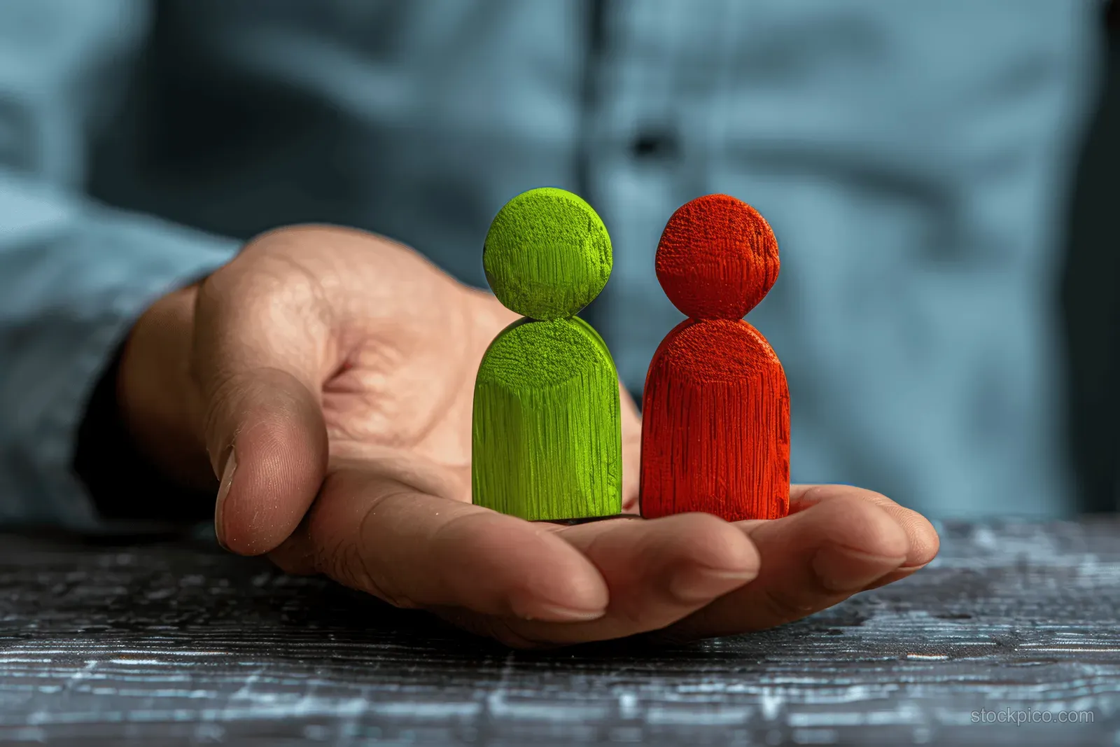 A hand holds two wooden figures, one red and one green, on a table to symbolize mediation and compromise.