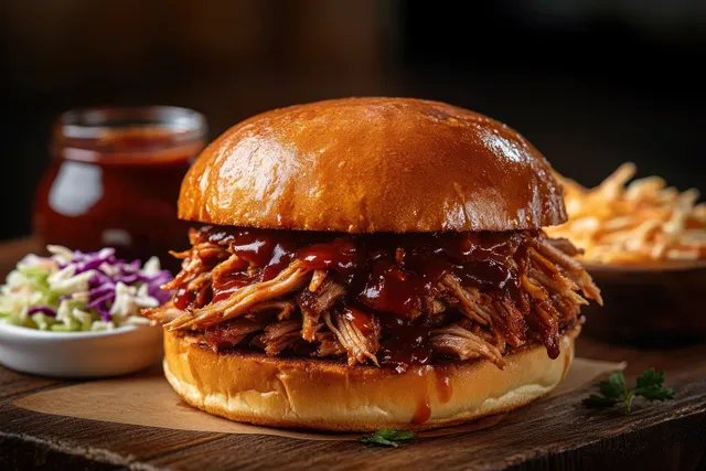Pulled pork sandwich on a glossy bun with barbecue sauce, served with coleslaw and fries on a wooden board.