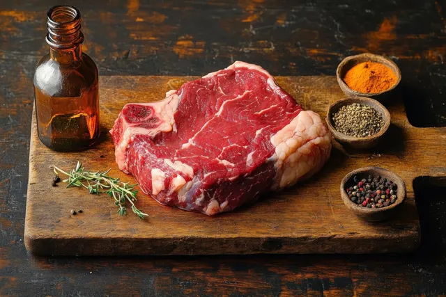 Raw marbled beef steak on a wooden cutting board surrounded by rosemary and bowls of spices.