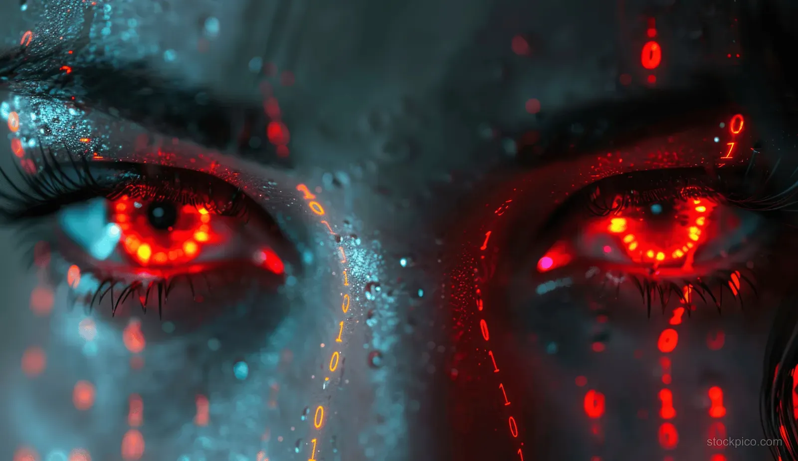 Close-up of a cyberpunk digital face made of binary code with bright red glowing eyes in darkness.