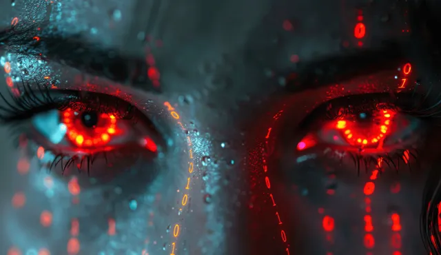 Binary code face with red glowing eyes emerging in a dark cyberpunk threat scene