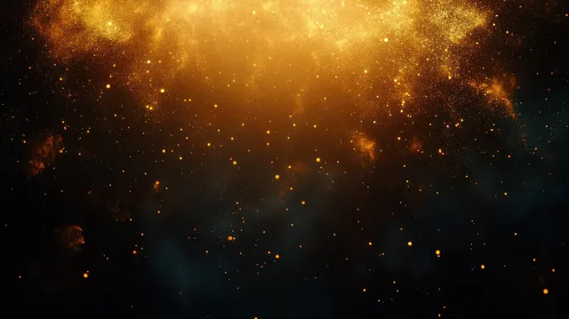 Golden glowing particles scatter across a dark space background, forming a warm shimmering cosmic effect.