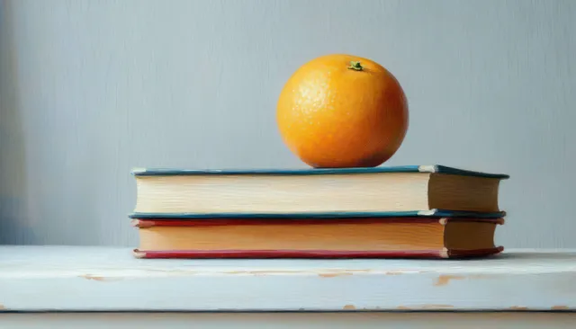 Bright orange fruit sits on stacked hardcover books on a white wooden surface with a plain gray background.