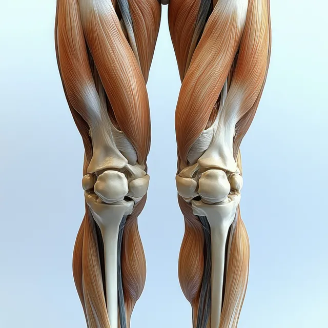Anatomical leg illustration showing quadriceps, knee joint, and femur-tibia alignment for study