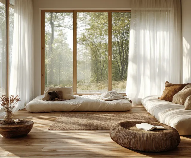 Cozy Scandinavian living room with animal-themed decor, natural wood floor, soft morning sunlight
