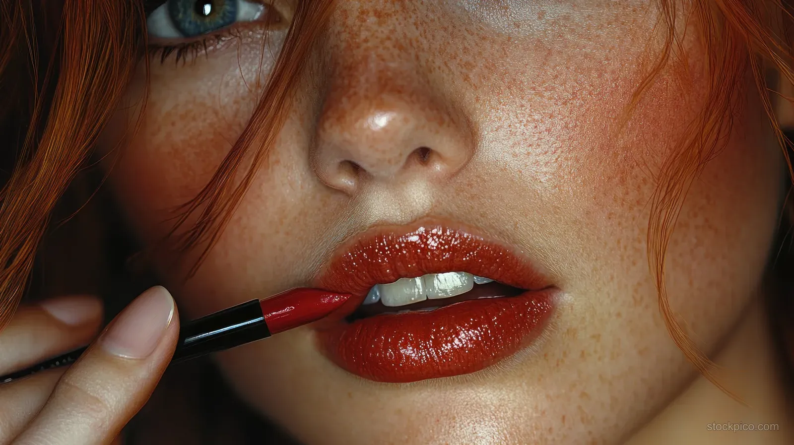 Woman’s face in macro view as she applies red lipstick outdoors in natural light.