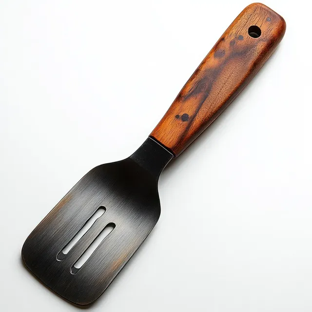 Dark brushed metal spatula with a polished wooden handle and hanging hole on a white background.