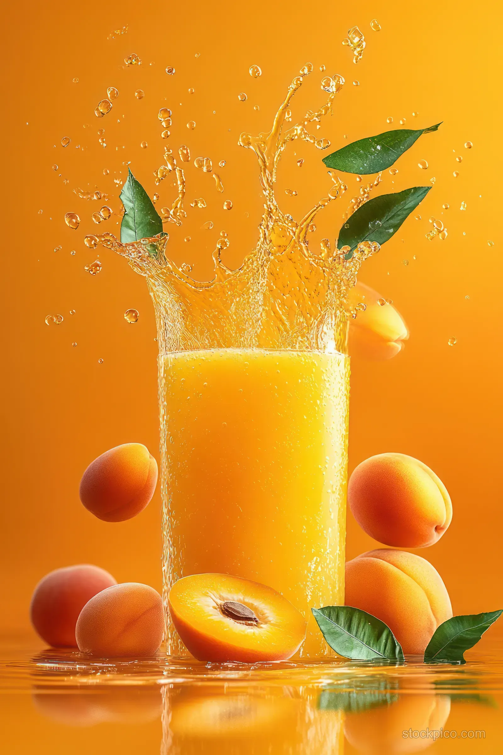 Apricot juice splashes from a clear glass beside orange fruit slices and green leaves on an orange background.