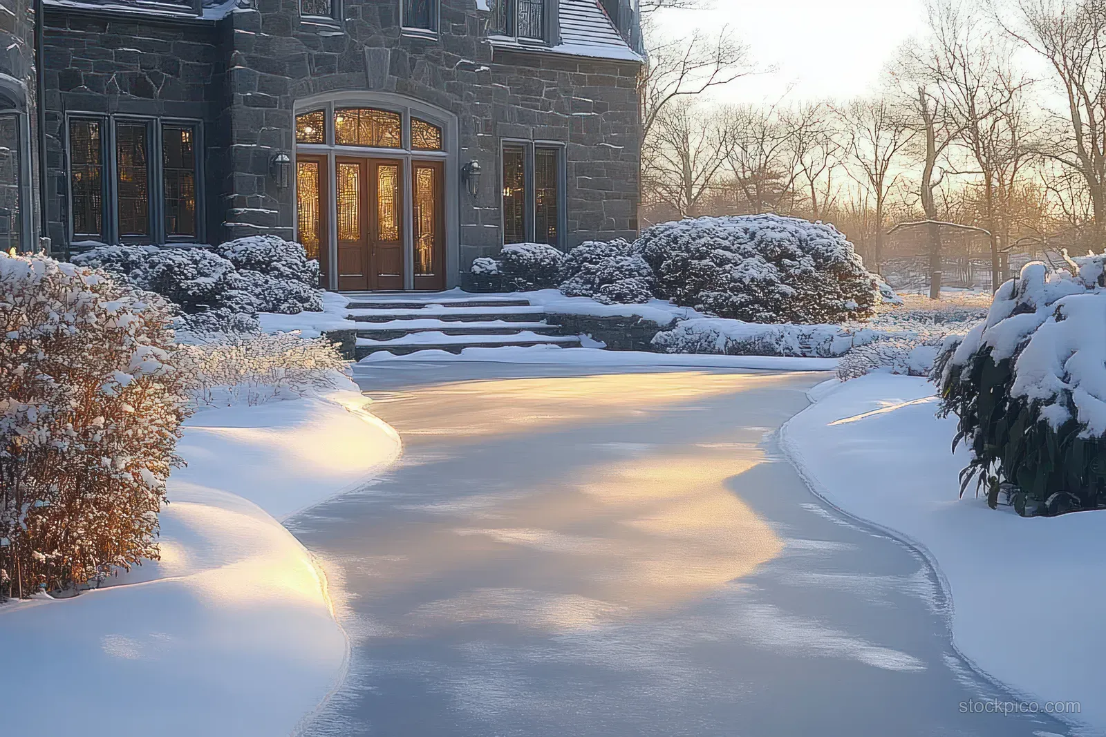 Stone house entrance with a dark wooden door, lit windows, snowy bushes, and a winding snow-covered walkway in sunset light.