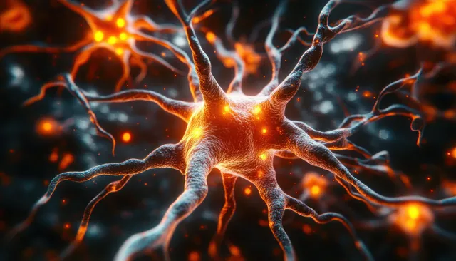 Glowing neuron with branching dendrites transmitting signals across a dark neural network