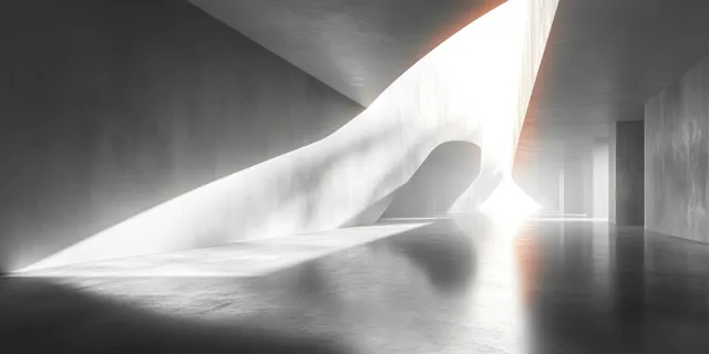 Sunlit concrete corridor with sweeping shadows, curved arch, and bright vanishing point