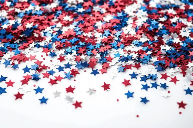 Close-up star confetti scattered in red, white, and blue on a clean surface