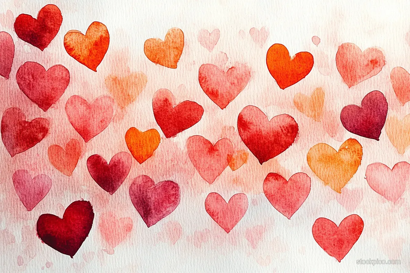 Multiple watercolor hearts in red, pink, orange, and burgundy overlap on textured white paper.