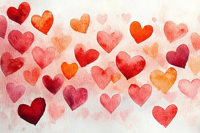Overlapping watercolor hearts scatter across textured white paper with red pink orange blooms