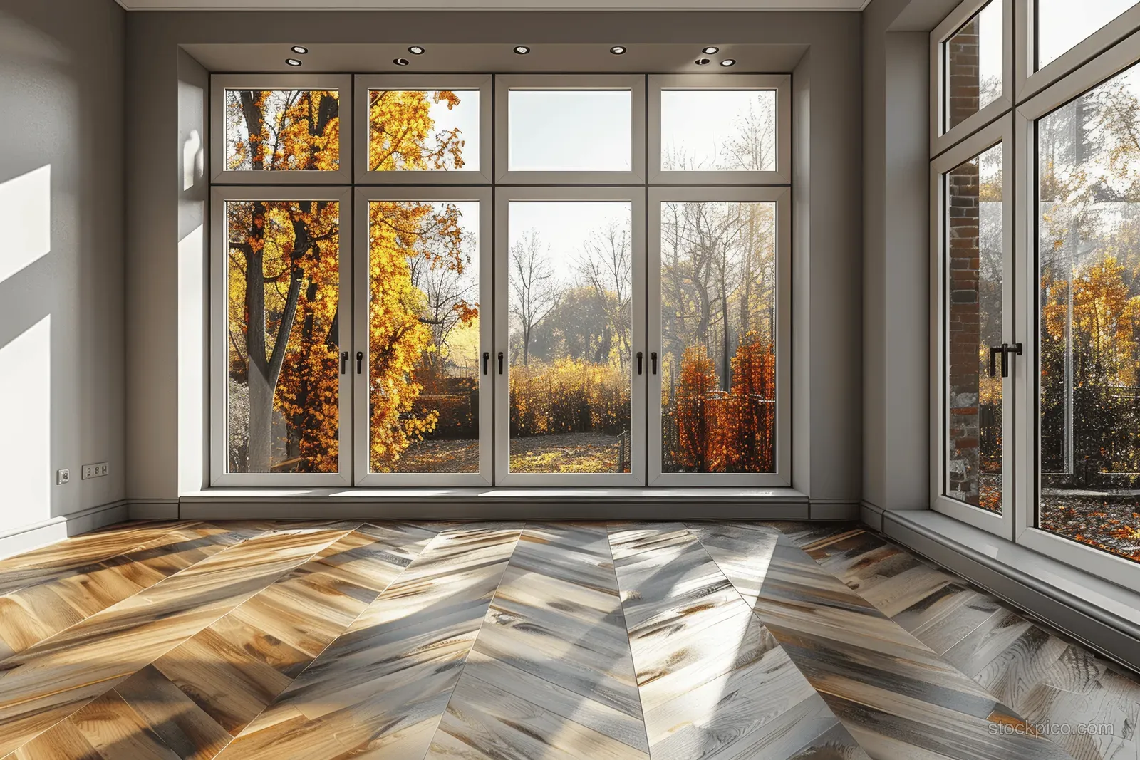 An empty autumn room with herringbone wooden flooring and large windows showing orange and yellow trees.