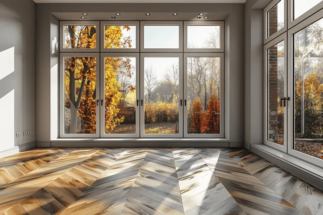 Autumn living room with herringbone wood floor and large window view