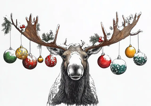 Funny moose with colorful Christmas ornaments hanging from antlers