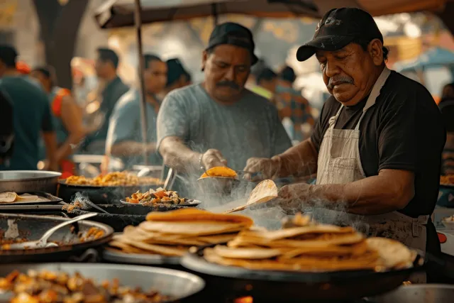 Street vendor assembles al pastor tacos at a Mexico City stall as a crowd waits nearby.