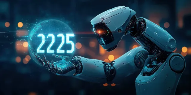 Futuristic robotic arm interacts with glowing cyan digits showing 2025 against a dark blue digital network background.