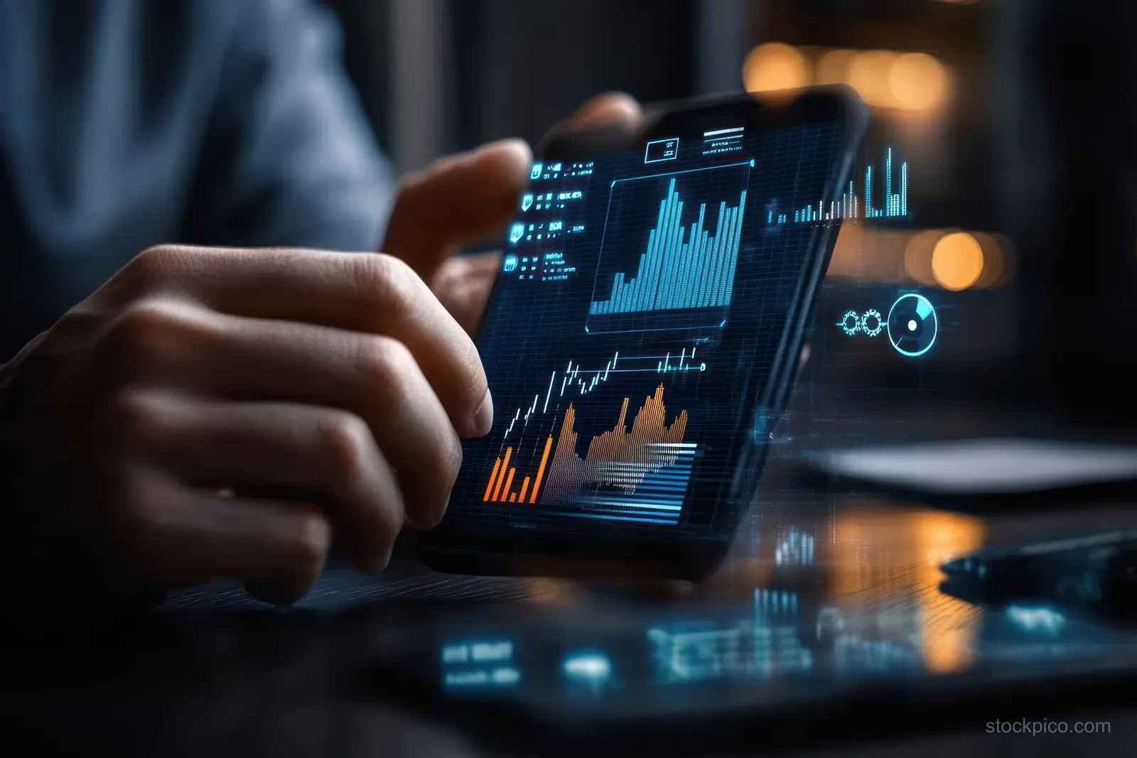 Hands hold a holographic tablet showing business charts while office screens glow behind.
