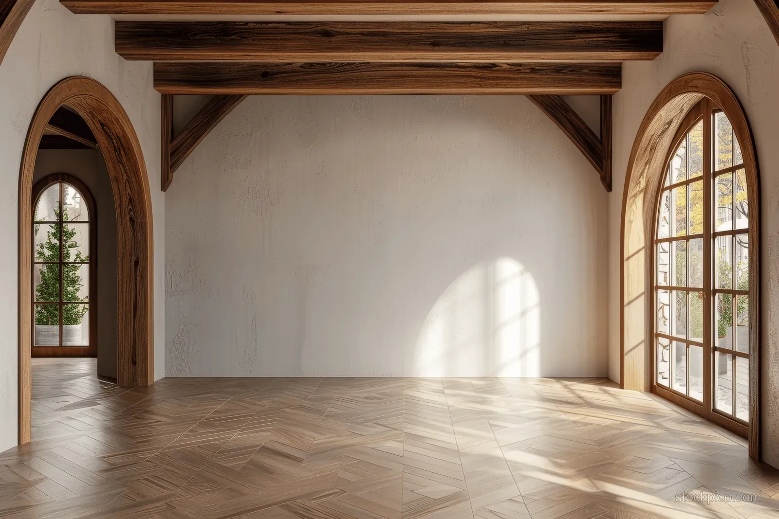 Sunlit empty room with wooden beams, arched windows, and parquet floor lit by daylight shadows.