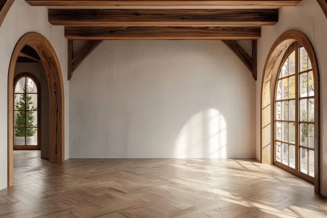 Sunlit empty room with wooden beams, arched windows, and parquet floor shadows