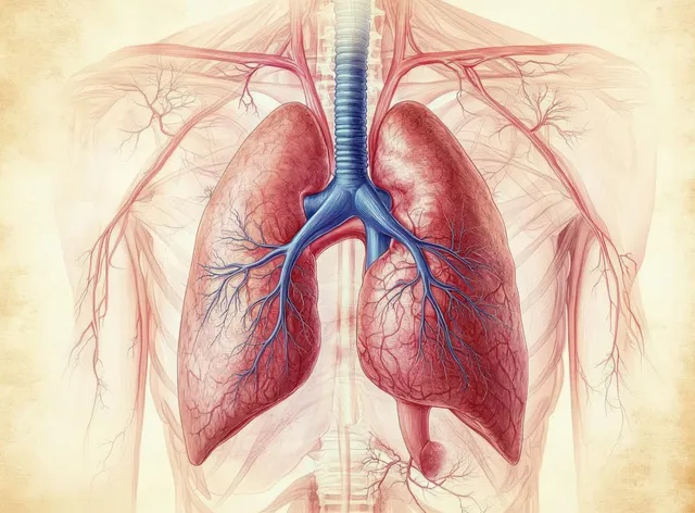Medical illustration of human lungs, heart, and branching bronchial tree with blue blood vessels inside the ribcage.