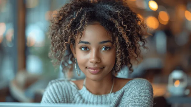 A woman with curly hair works on a laptop at a cafe table beside warm window light and blurred lights.