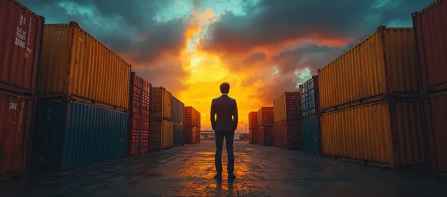 A businessman uses a tablet in a shipping yard, standing between container stacks at sunset.