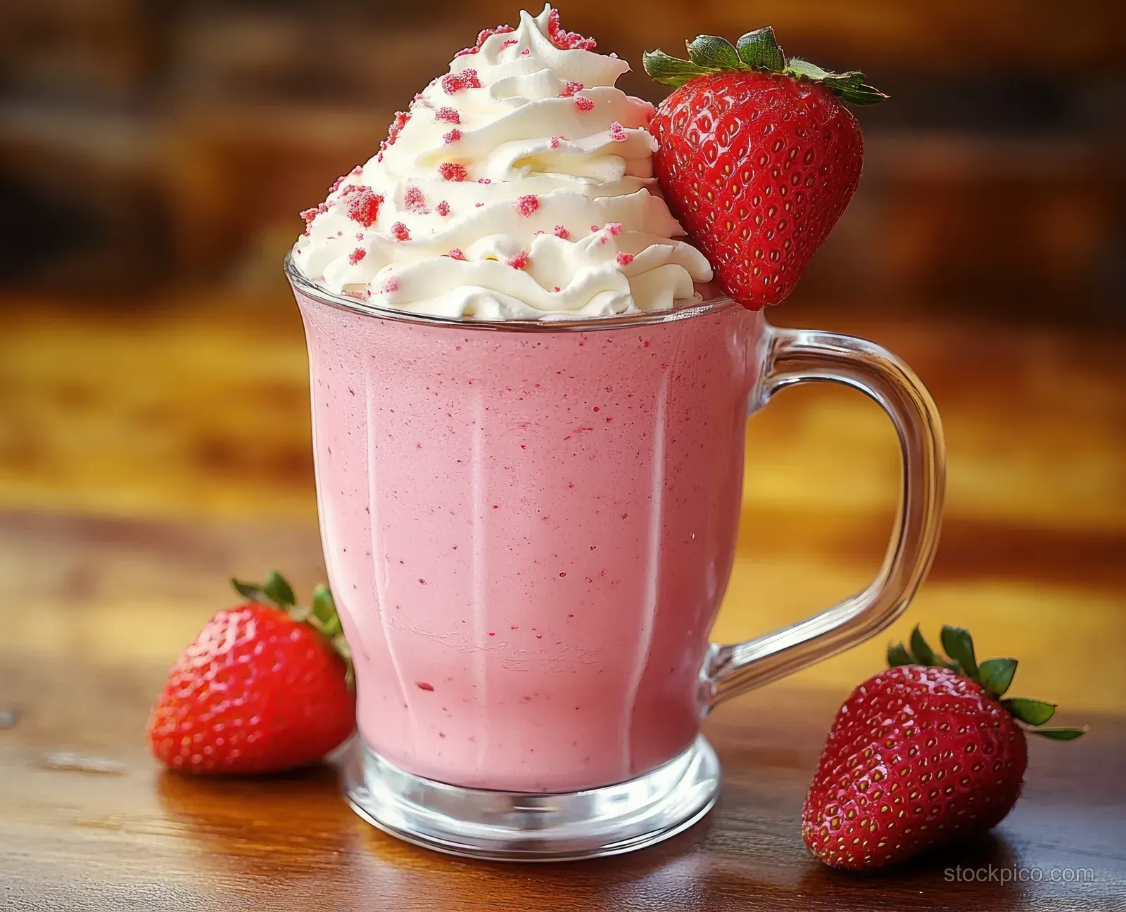 Strawberry milkshake in a clear glass mug topped with whipped cream and fresh strawberries on a wooden table.