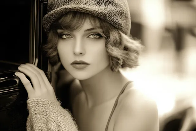 Sepia close-up of a young woman in a knitted hat and sweater gazing directly into the camera with soft light.