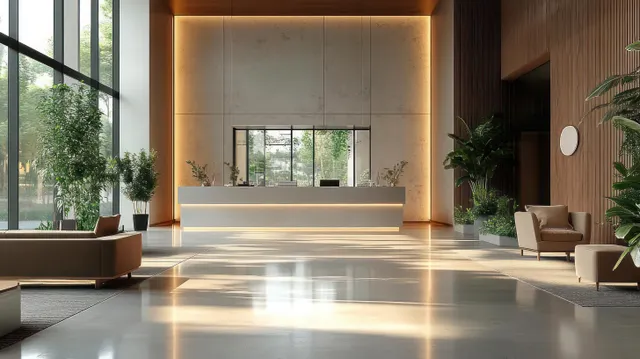 Warm-lit modern reception lobby with large glass windows, minimalist desk, cozy seating, and potted plants.