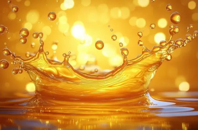 Golden liquid splashing with droplets suspended mid-air against a warm glowing bokeh background.