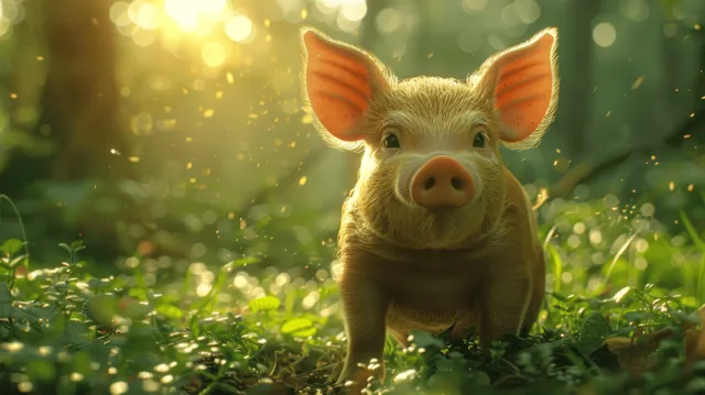 A charming baby pig stands in vibrant green grass under warm sunlight in a whimsical forest setting.