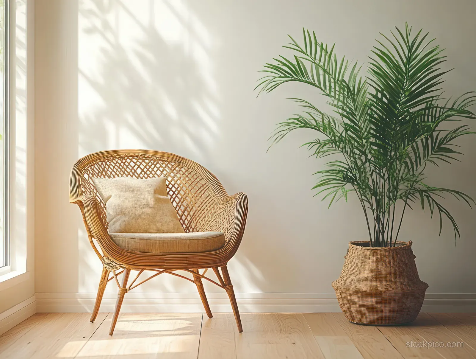 Rattan armchair and cream cushion beside a potted palm in a warm beige room with soft window light.