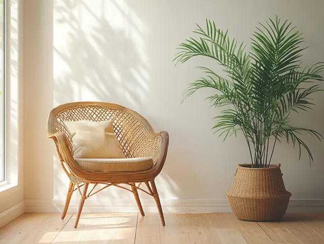 Rattan armchair and cream cushion beside a potted palm in a warm beige room with soft window light.