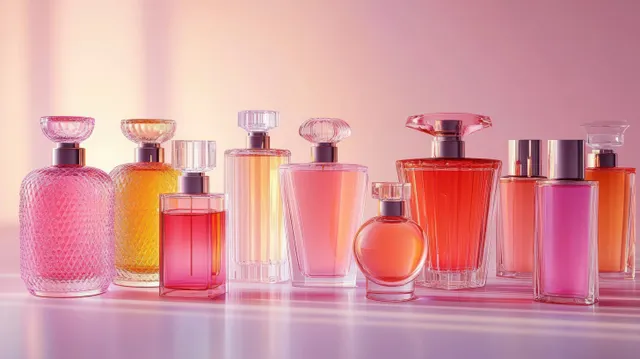 Multiple glass perfume bottles with pink, orange, and red liquids arranged in a reflective still life.