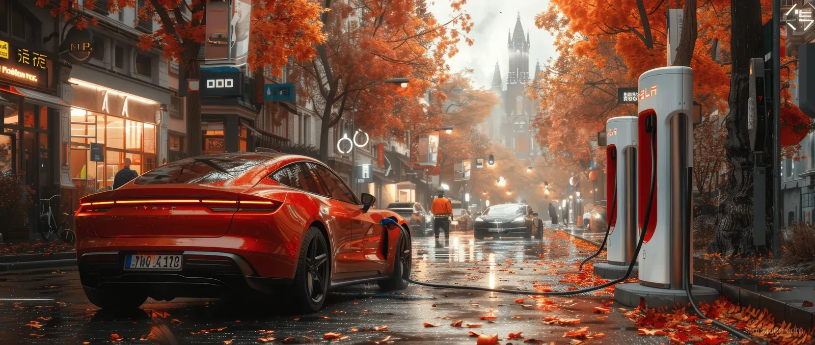 An orange electric car charges at a glowing street fast-charger on a wet European city sidewalk.
