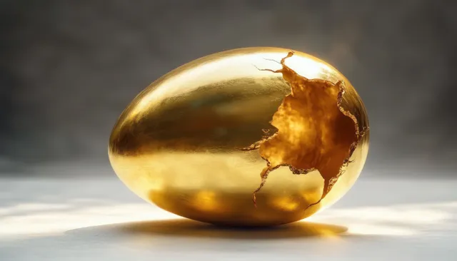 Shiny golden egg with a large crack exposing a rugged, textured interior against a softly blurred grey background.