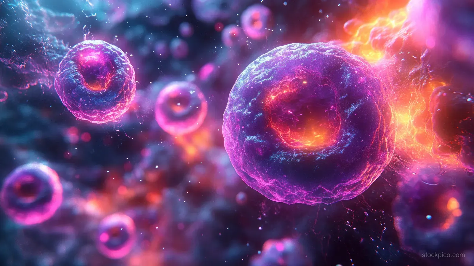 Glowing embryo cells drift in dark space, with bright nuclei and translucent membranes.