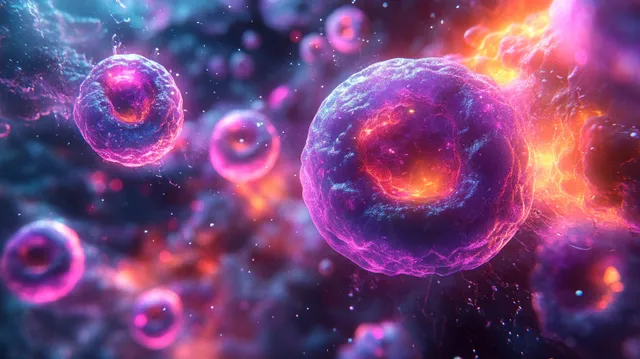 Glowing embryo cells drift in dark space, with bright nuclei and translucent membranes.