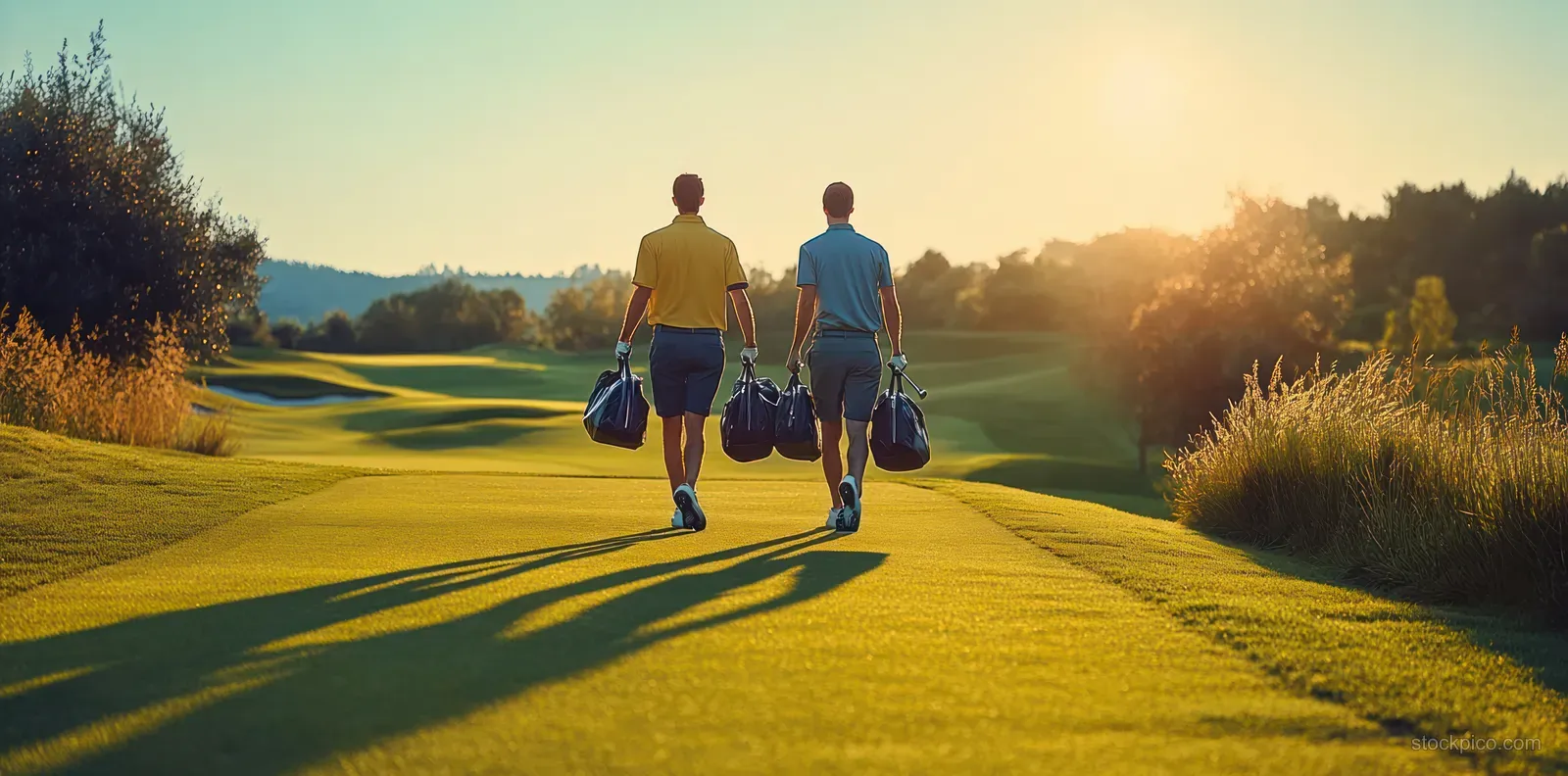 Two men walk along a sunlit golf fairway carrying golf bags as long shadows stretch ahead.