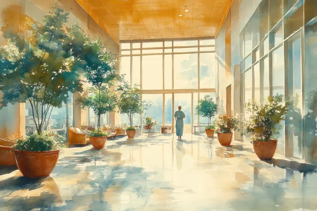 A nurse and a young cancer patient high-five in a bright hospital corridor with potted plants and soft sunlight.