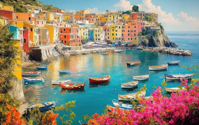 Colorful cliffside village overlooks a calm harbor with small boats and bright pink and orange flowers in the foreground.